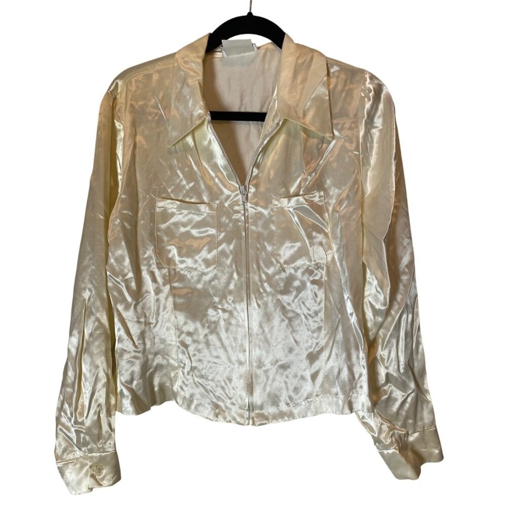 Vintage Allyson San Francisco Ivory Long Sleeve Satin Zip Top or Jacket Large